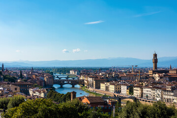 Picturesque view of Florence - Duomo Cathedral and Arno River from Michelangelo Square, Italy. Selective focus. 