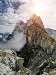 Sunrise over the Seceda Mountain ridge in the Dolomites of Italy 