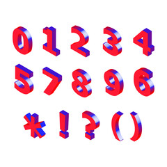 3D Red Metallic Isometric Letter. 0, 1, 2, 3, 4, 5, 6, 7, 8, 9 numeral alphabet. Vector Isolated Number