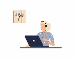 Girl tutor with headphones work on laptop.Remote work, distance learning or online training during the virus epidemic.Lady trainer or coach conduct webinar or workshop.Vector colourful illustration