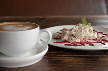 yummy milky sweet dessert with red strawberry jam 
