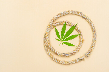 Natural hemp rope and leaf on camel color background. Natural product concept.