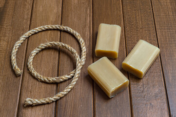 Homemade hemp soap and rope. Spa organic soap. Organic skincare product with medicinal CBD.