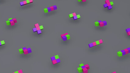 Group of geometric shapes, colorful cubes. Gray background. Abstract illustration, 3d render.