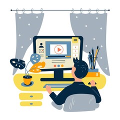 Distance learning online education. School boy studying at home and doing school homework. Learning while in quarantine. 