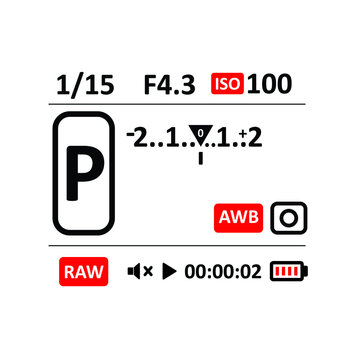 Camera viewfinder display. Exposure and composition focus, electronic zoom, photography optical, finder and screen, vector illustration