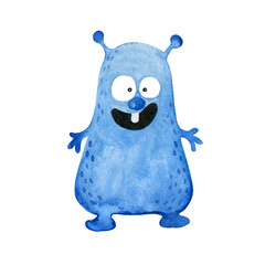 Cute blue monster. Watercolor illustration isolated on white.