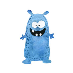 Cute blue monster. Watercolor illustration isolated on white.