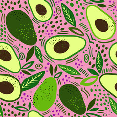 Avocado seamless pattern. Texture for eco and healthy food. Modern, trend. Pink background. Very good for fabric, textile, print, wallpaper and cards