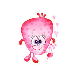 Cute pink monster with flower and hearts. Watercolor illustration isolated on white.