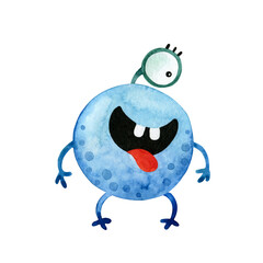 Cute blue monster with one eyes. Watercolor illustration isolated on white.