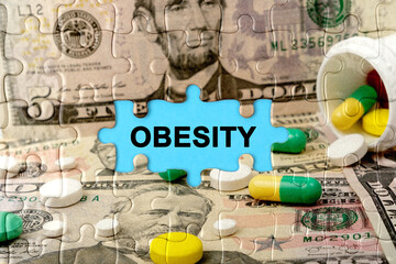 Double exposure. Puzzles depicting pills and dollars with the inscription -OBESITY