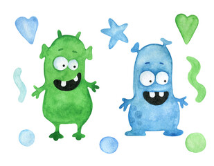 Set of cute green and blue monsters and decorative elements - hearts, star, balls. Watercolor illustration isolated on white.