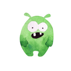 Cute green monster. Watercolor illustration isolated on white.