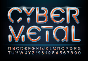 Fototapeta na wymiar Cyber Metal Font Alphabet with 3d Chrome and Shiny Metal Effects. Orange and Blue Metallic Color Scheme. Futuristic Tech Lettering for Game Logos, Technology, Robotics, and Communications.