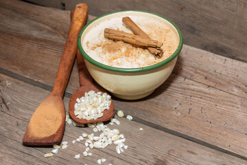 bowl of mazamorra with cinnamon. Traditional Argentine dessert