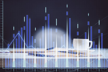 Multi exposure of forex graph drawing and desktop with coffee and items on table background. Concept of financial market trading