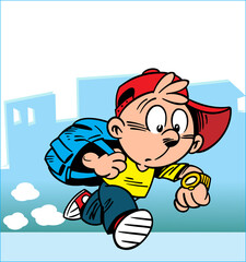 In the vector illustration, a schoolboy with a backpack hurries down the street to school.