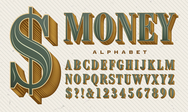 An Ornate and Elegant Vector Alphabet. This Green and Gold Font Has the Stylings of Money, Stock Certificates, and Other Financial Instruments. Gives an Expensive Look to Headline Lettering.