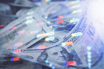 Double exposure of data theme drawing over us dollars bill background. Technology concept.