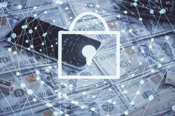 Double exposure of lock drawing over us dollars bill background. Security safe concept.