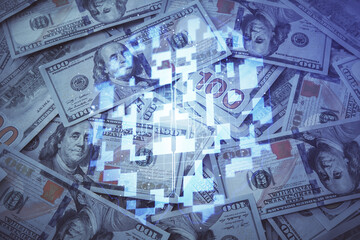 Double exposure of data theme drawing over us dollars bill background. Technology concept.