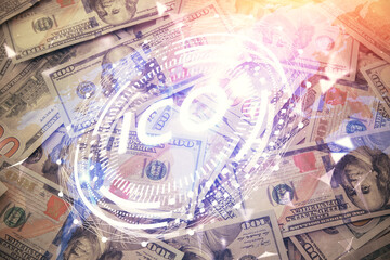 Multi exposure of crypto theme drawing over us dollars bill background. Concept of blockchain success.
