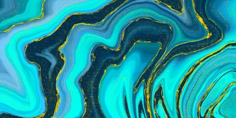 Blue marble and gold abstract background texture. Indigo ocean blue marbling with luxury style swirls of marble and gold