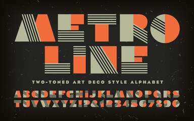 Metro Line  A Vector Alphabet in the Art Deco Style with Blocky Geometric Letters and Striped Components. Lettering in Sage Green and Orange Two-tone. This Font Has a 1930s Retro Theatrical Flair. © Mysterylab