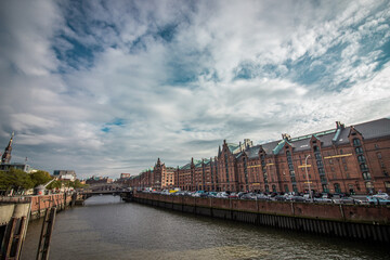 Historical warehouses on the Zollkanal canal in Speicherstadt district in Hamburg, Germany