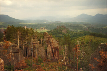 Panoramic view of the rocks at sunset near Belogradchik fortress in Bulgaria. Real grain scanned film.