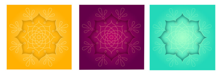 Set Indian design card in paper style with rangoli and mandala pattern
