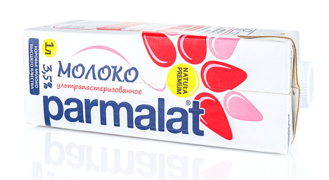 Moscow, Russia - July 28, 2020: PARMALAT ultra pasteurized milk in a carton retail pack with plastic cap isolated on white background