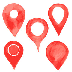 Vector watercolor style illustration of red ink color location pin set for maps - 370253706