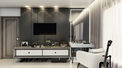 modern bedroom bookcase with television