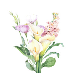 Watercolor floral bouquet with calla lillies. Isolated hand drawn illustration. Elegant flowers arrangement.