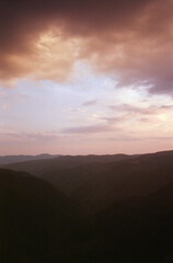 Panoramic view of the rocks at sunset near Belogradchik fortress in Bulgaria. Real grain scanned film.