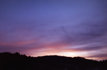 Panoramic view of the rocks at sunset near Belogradchik fortress in Bulgaria. Real grain scanned film.
