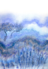 Abstract landscape with fog and trees in gray-blue tones, watercolor painting, illustration, print for poster or other designs.