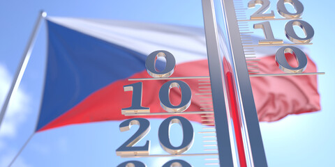 Thermometer shows 0 zero air temperature near waving flag of the Czech Republic. Weather forecast conceptual 3D rendering