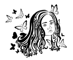 The face of a beautiful little girl with butterflies. Vector illustration