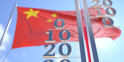 Thermometer shows 0 zero air temperature near waving flag of China. Weather forecast conceptual 3D rendering