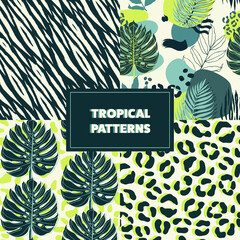 Abstract seamless backgrounds set. Tropical leaves, geometric figures and animal pattern. Vector illustartion. © Evgeniya