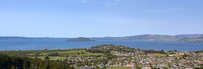 Scenic view on a beautiful clear summer day, overlooking Lake Rotorua and Mokoia Island - Rotorua, New Zealand