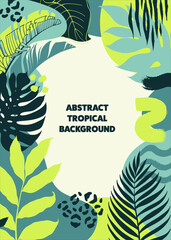 Abstract background with tropical leaves, geometric figures and animal pattern.  Vector illustartion.