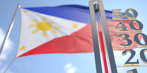 Thermometer shows high air temperature against blurred flag of Philippines. Hot weather forecast related 3D rendering