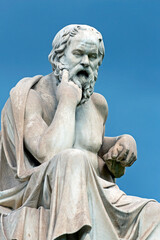 Close up of the marble statue of the ancient Greek philosopher Socrates   in front of National Academy of Athens / Greece