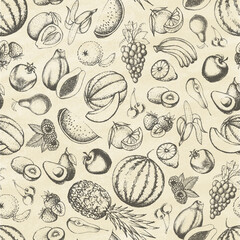 Set of fruits on old paper. Seamless pattern. Hand drawn elements. Vector illustration.