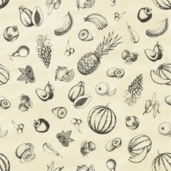 Set of fruits on old paper. Seamless pattern. Hand drawn elements. Vector illustration.