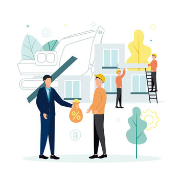 Finance. Vector illustration of lending. A man in a suit gives a money bag, on which the percent sign is to a man in a helmet, against the background of workers are building, an excavator, trees